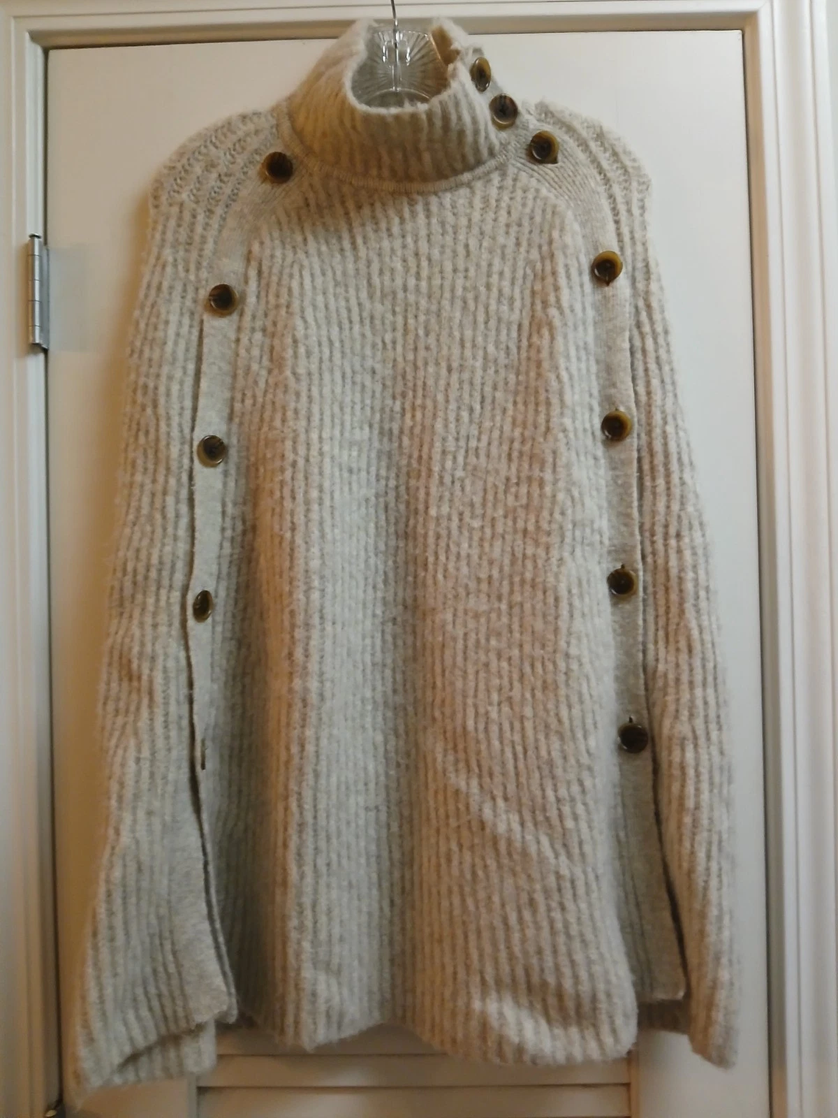 J. Crew Turtleneck Light Gray Knit Sweater Cape Poncho W/ Button Detail Size S/M