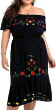 851 - Plus Size Embroidered Off Shoulder Mexican Hawaii Floral Summer Sun Dress