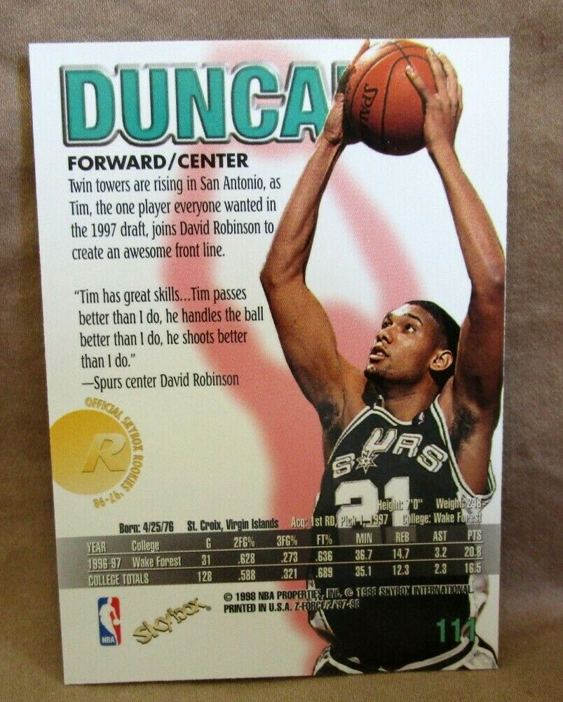 Tim Duncan RC 1997-98 Skybox Z Force Rookie Card#114!Spurs F