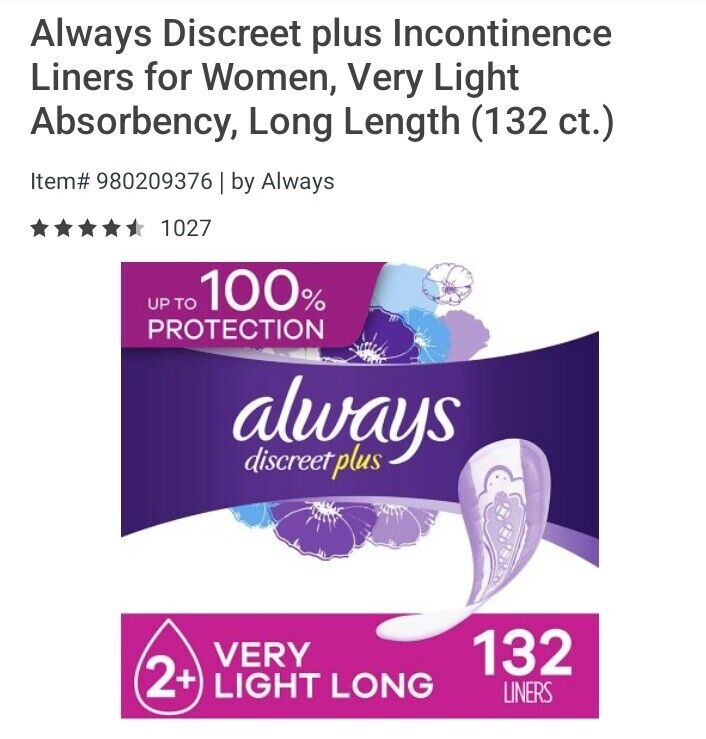 Always Discreet plus Incontinence Liners for Women, Very Light Absorbency,  Long Length (132 ct.)