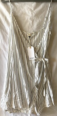 ROXY Romper Women's Large White Intense Sunrise Stripe Faux Wrap, New $50 Tags