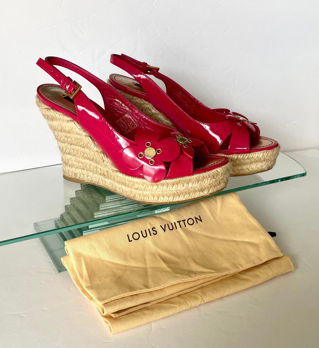 Louis Vuitton Pink Patent Leather Embellished Wedge Platform Slingback  US