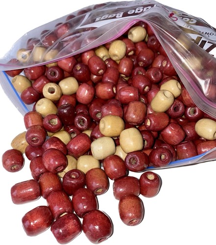 930 Vintage Red & Natural Wooden Macrame Beads Craft Jewelry Hair Wood Drum Bead