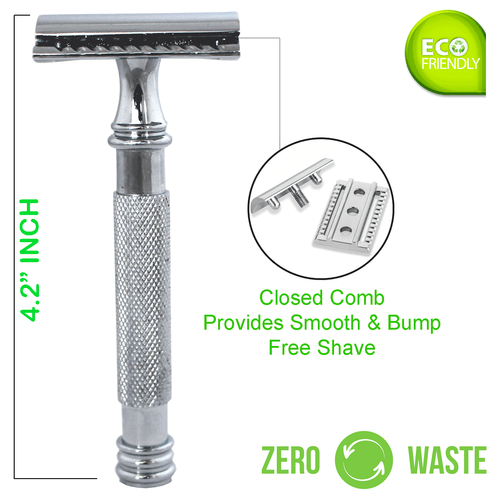 (4.2") LONG HANDLED DOUBLE EDGE SAFETY RAZOR FOR MEN'S SHAVE + 10 SHAVING BLADES - Picture 3 of 6