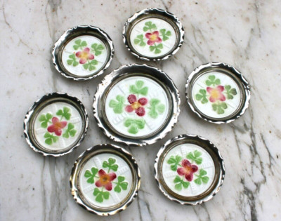 7 Chrome Porcelain Tile Coasters Floral Flowers VINTAGE 3.5'' Diameter Mettlach