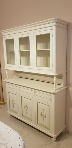 VETRINA DISPENSA CRISTALLIERA 3 PORTE BIANCO DECORATO ARTE POVERA FIORI - Photo 2 sur 4