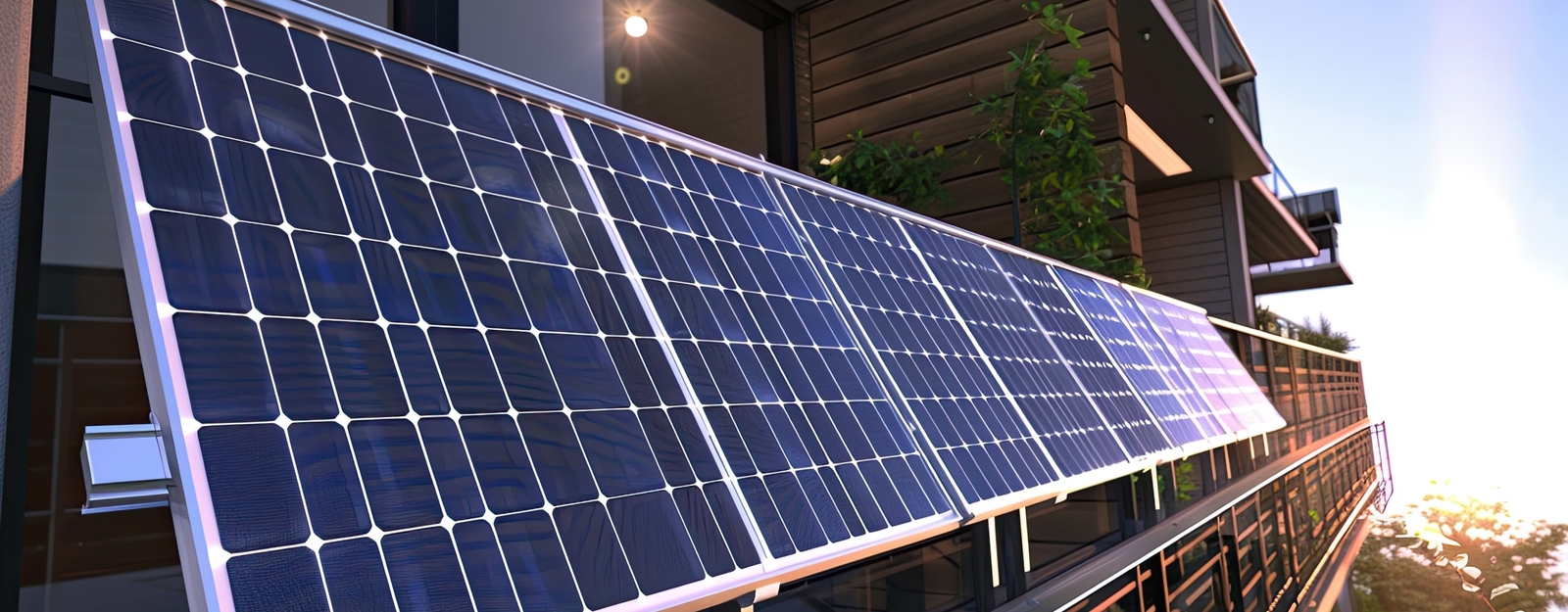 Solarmodule, die an einem Balkon eines modernen Gebäudes montiert sind und Sonnenlicht zur Energiegewinnung nutzen