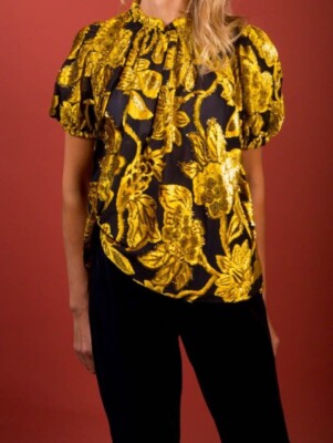 Ulla Johnson Paola black gold floral Top size 10 NWT $499 Citrine drape slip on