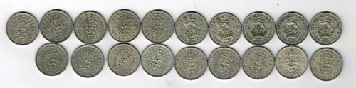 All 19 different CuNi English one shilling coins issued 1947 - 1966