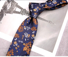 New Classic Floral Blue Orange White JACQUARD WOVEN 100 Silk Men's Necktie Tie
