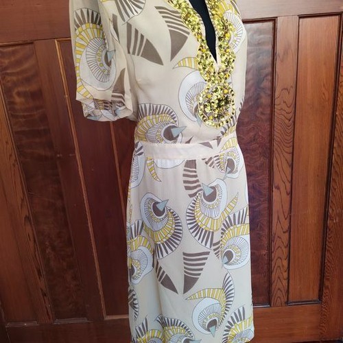 Antik Batik L / 12 patterned cream silk chiffon belted shift dress with beading - Picture 6 of 12