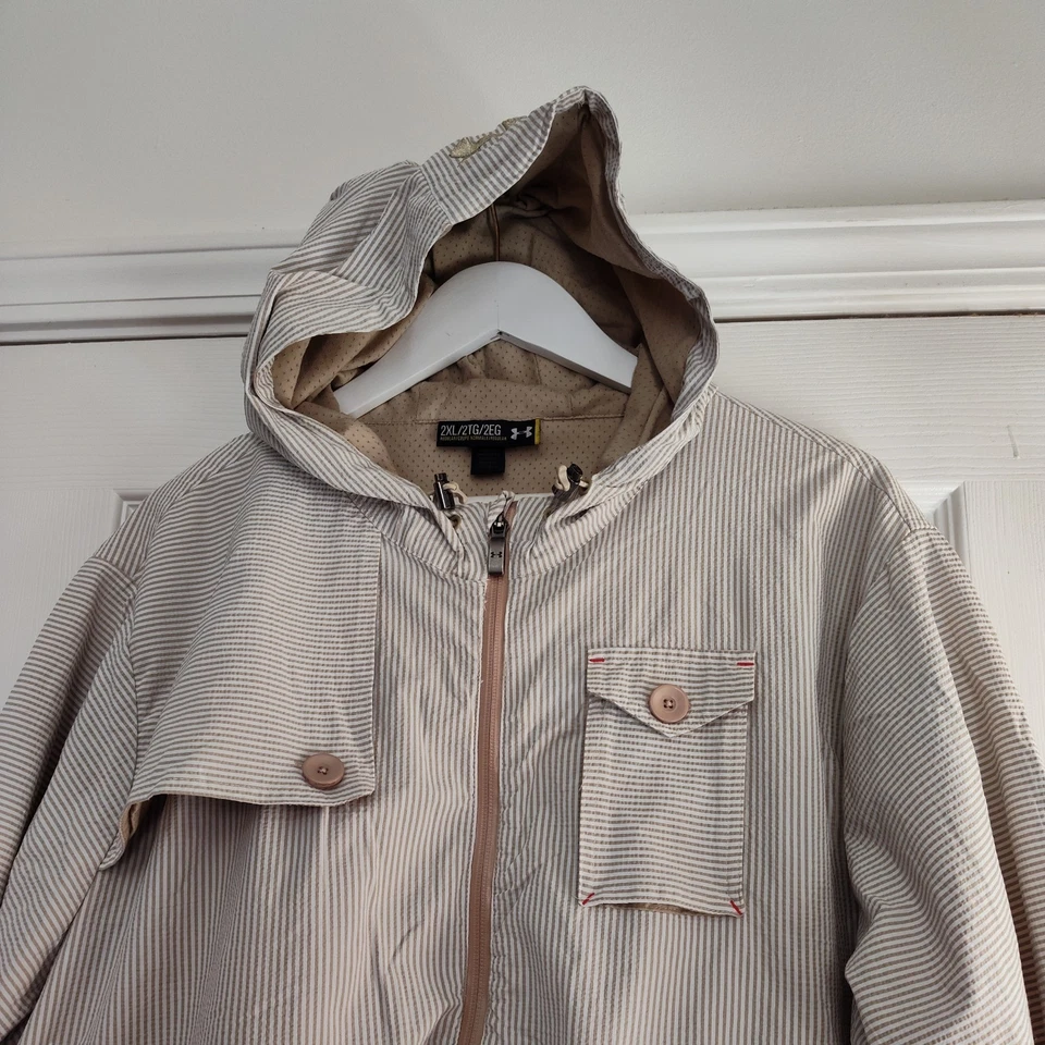 Men’s Under Armour All Season Hooded Full Zip Golf Jacket 2X Tan Stripe SEE INFO - Image 2 of 4