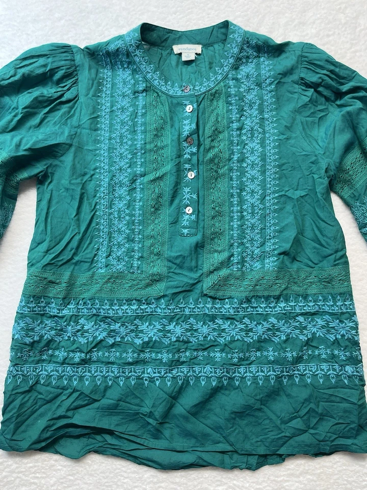 Blusa Sundance Para Mujer S Verde Azulado Almara Camisa Bordada Manga Globo Boho Informal Foto 2 de 4