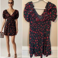 J.Crew Size 2 Black Red Floral Ruffle Collar Puff Sleeve Mini Dress Twee Retro