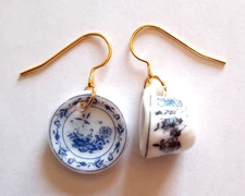 Blue and White Porcelain 3-D Miniature Cup and Saucer Tea Set Earrings