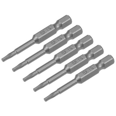 5pcs 50mm Long 1/4'' Hex Shank T9 Torx Head Screwdriver Bit S2 High Alloy Steel