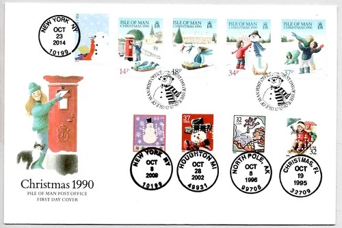 CHRISTMAS, WINTER, SNOWMAN, SKATING NAKANO PERFINS * 7 CANCELS!! ISLE OF MAN FDC