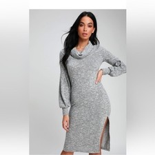 Lulus Mattea Heathered Grey Cowl Neck Midi Sweater Dress women's XS