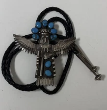 Huge Native American Dancing Eagle Kachina Turquoise Stone Bolo Tie Necklace