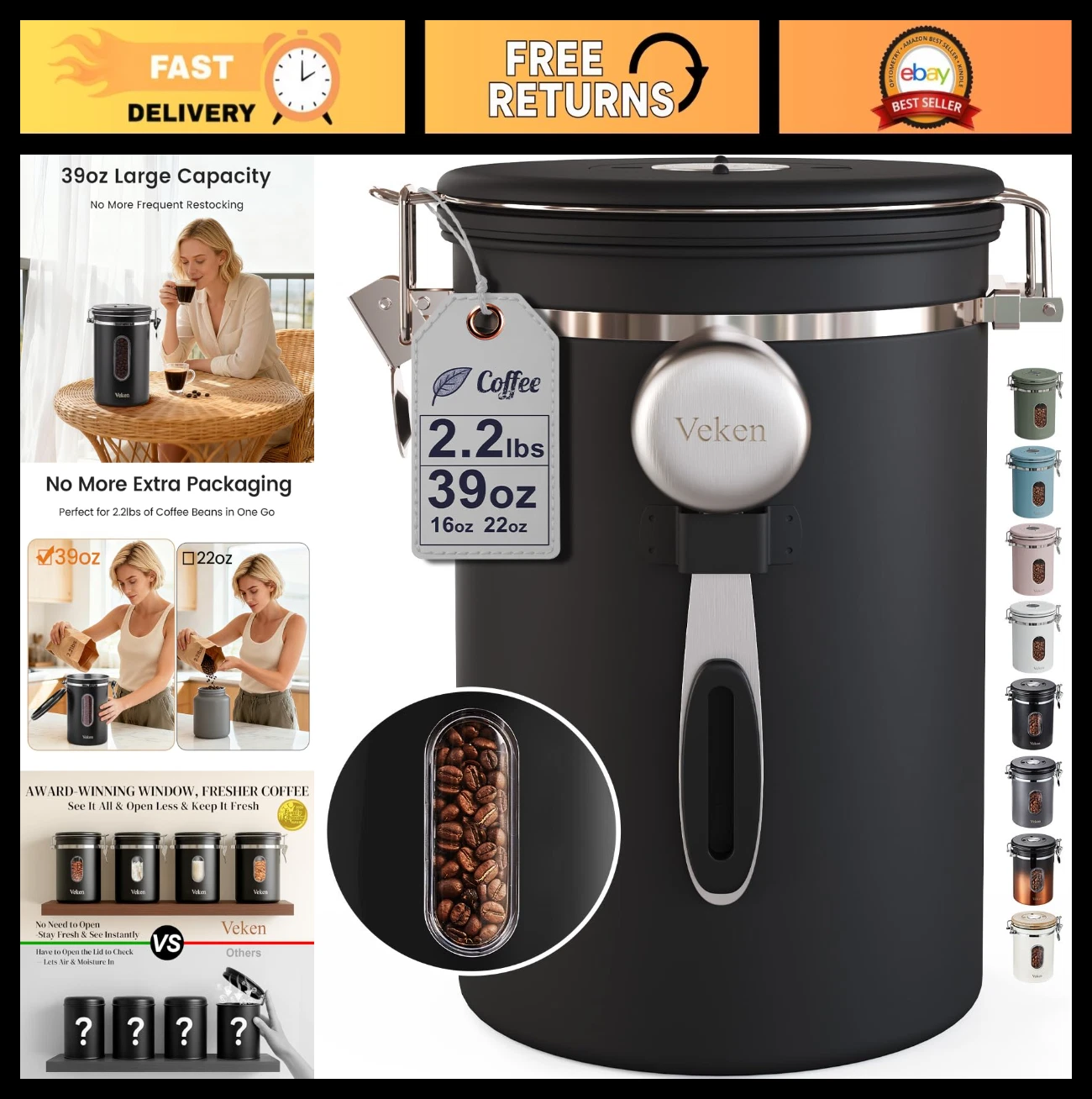 Airtight Stainless Steel Coffee Canister with Window, 39oz Food Storage Jar, Dat