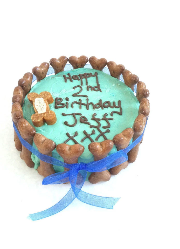 DOG BIRTHDAY CAKE PEANUT BUTTER treat puppy gift Christmas blue ribbon bones