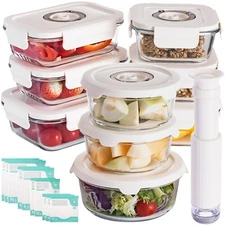 9 Piece Vacuum Sealable Glass Food Storage Container Set w/ Hand Pump 10 Bags