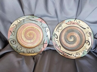 Vtg 2 90's Postmodern Retro Handmade Studio Pottery Hanging Bowl Artist Signed