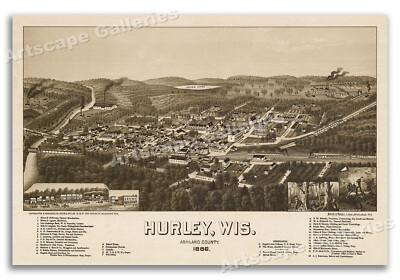 Hurley Wisconsin 1886 Historic Panoramic Town Map - 20x30