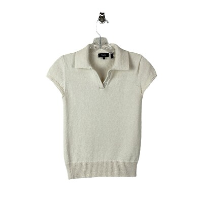 Theory Top Cap Sleeve Polo Cotton Wool Bouclé Women's Petite Off White NEW $265