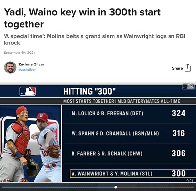 2021 9/3/21 St Louis Cardinals Molina Wainwright 300th Start Full Hard  Ticket