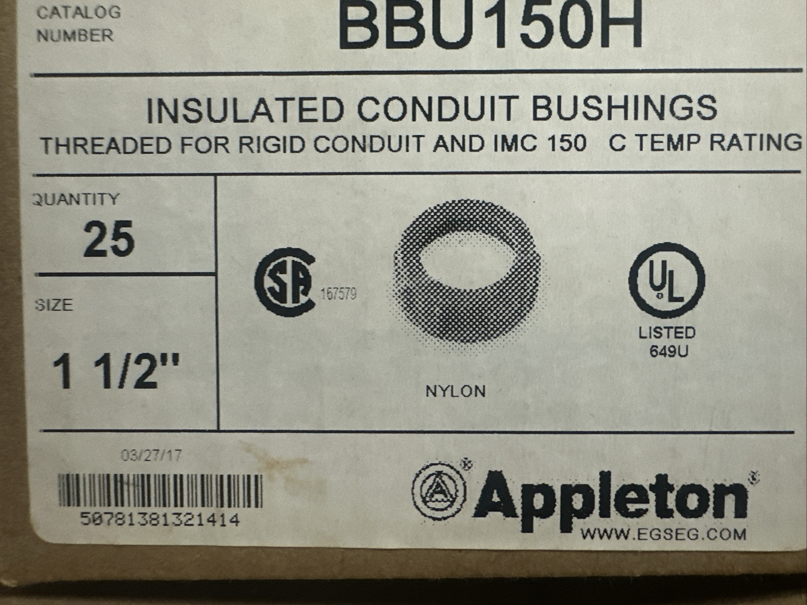 Appleton Split Bushing Appleton Insulating Bushing BBU-150H BBU150H 1-1/2