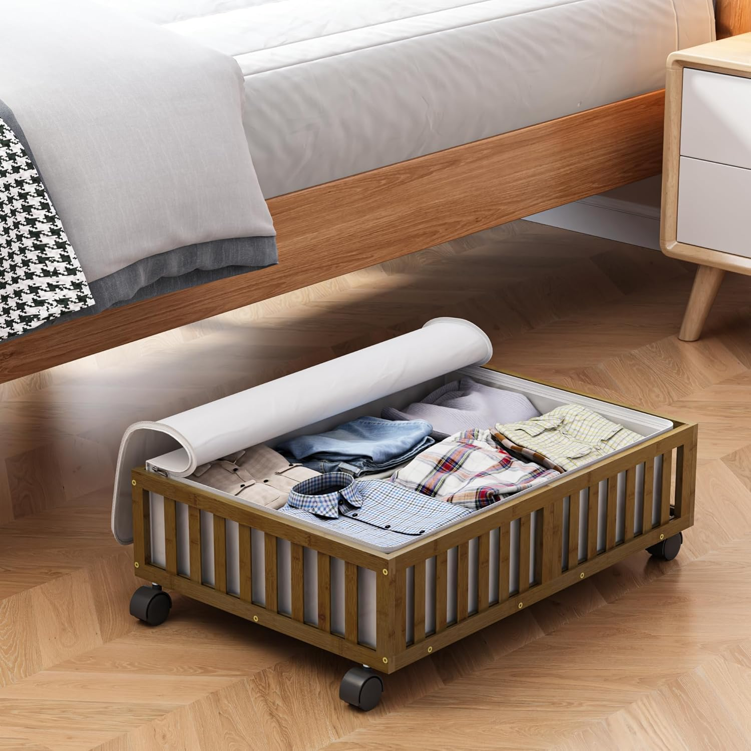 Bamboo under Bed Storage Containers with Wheels Rolling the Shoe Bins Wood-image