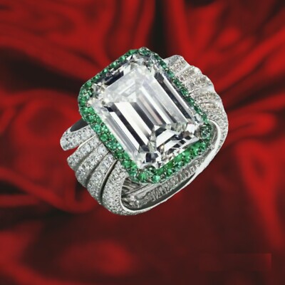935 Argentium Silver Engagement Ring for Women CZ Emerald Cut Green Halo Jewelry
