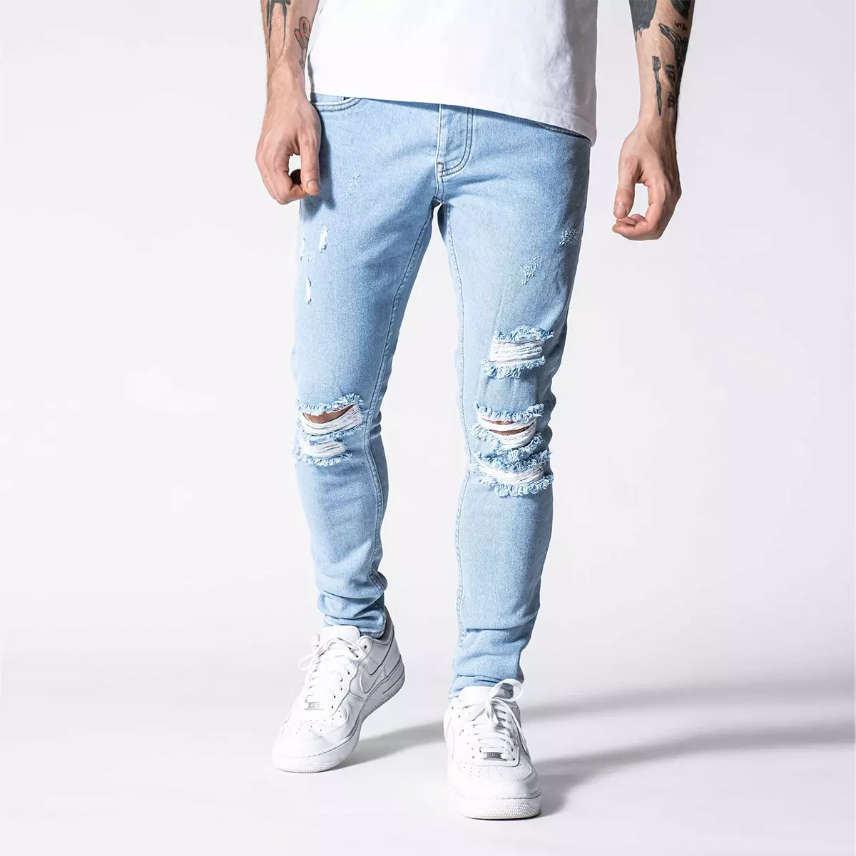 Men s Blue Ripped Jeans Stonewashed Denim Distressed Pants FREE FAST SHIPPING