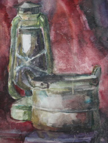Vintage watercolor painting Impressionist still life gas lamp and bucket - Picture 1 of 7