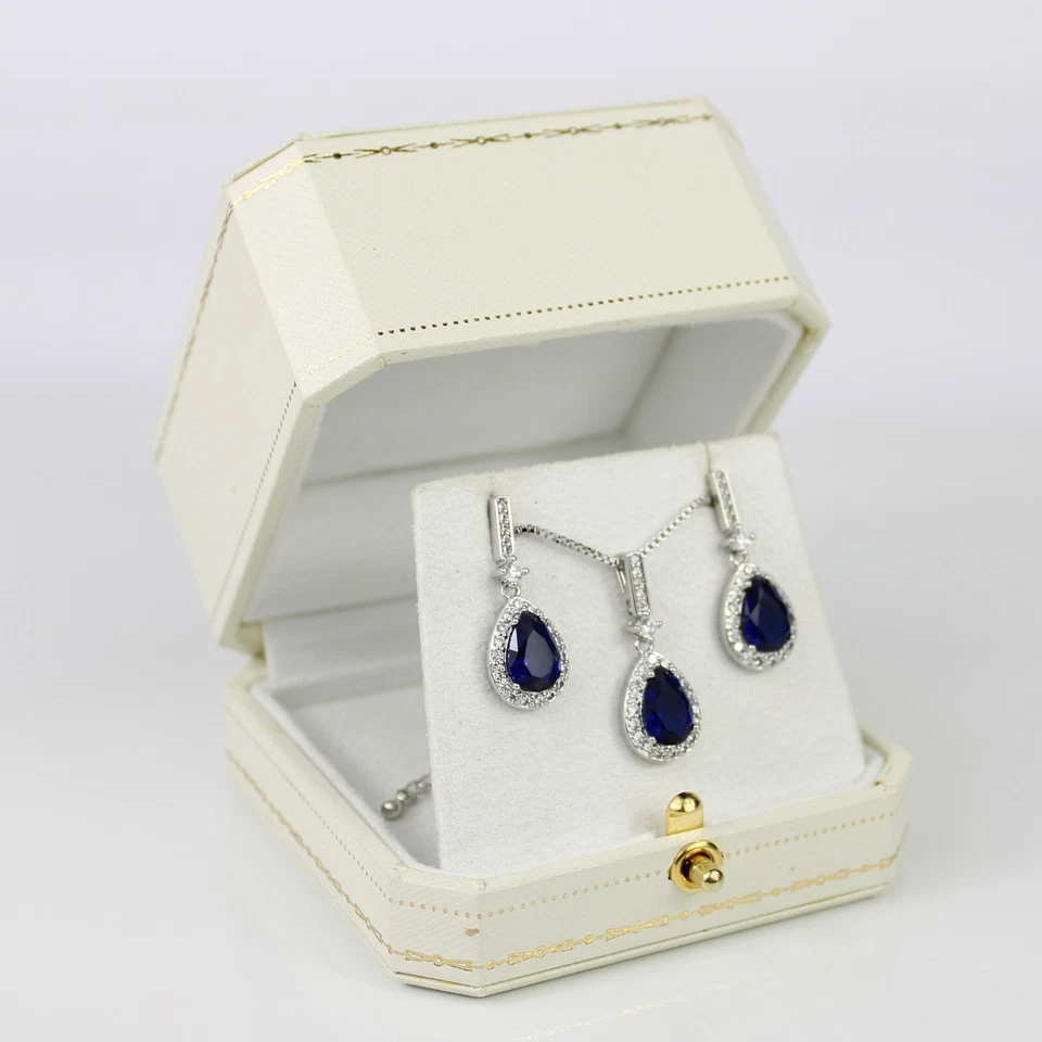 ACABADO ORO BLANCO Juego de Joyería Colgante Diamante Corte Pera de Zafiro Azul Creado Foto 2 de 4