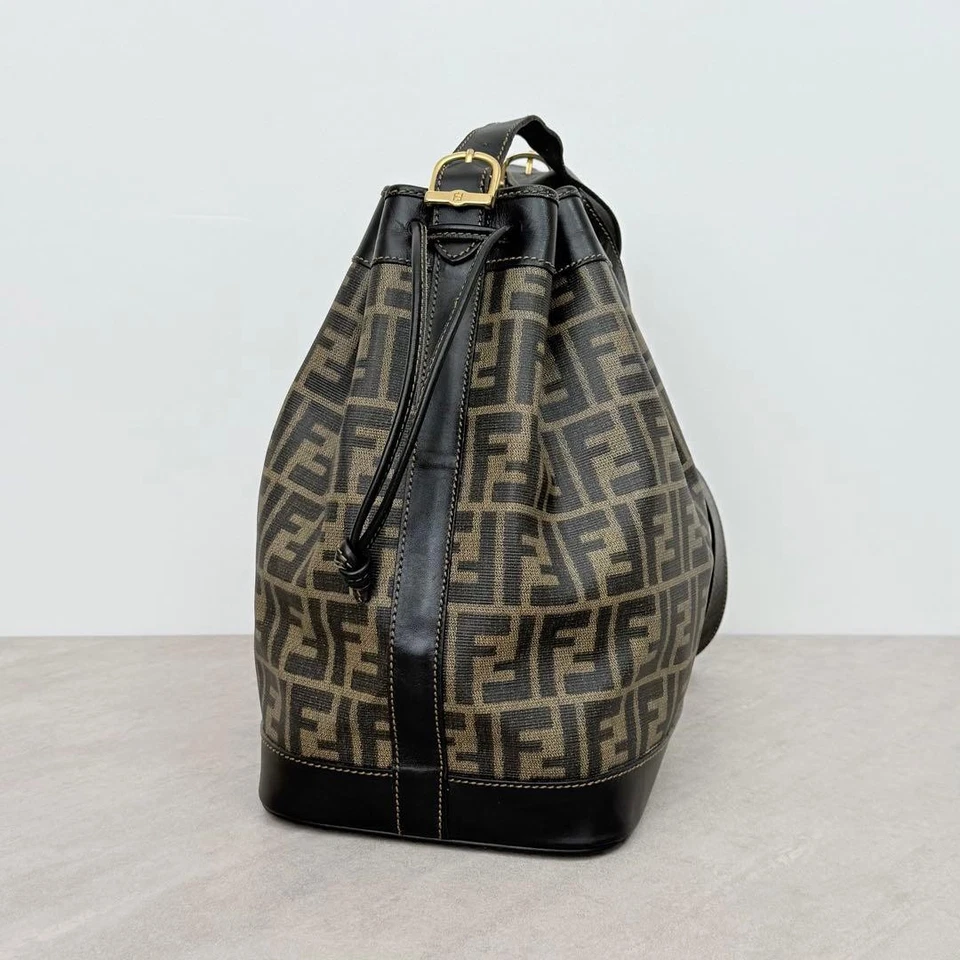 FENDI Zucca Pattern Drawstring Shoulder Bag Black PVC Authentic - Image 3 of 4