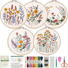 5 Pack Beginner Embroidery Kit for Adults, Easy to Learn Floral Embroidery Pa...