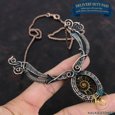 Copper Ammonite Fossil Stone Wire Wrapped Handmade Sister Chain Wedding Necklace