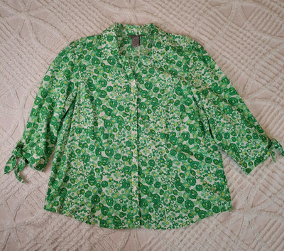 IB Diffusion Womens PXL Button Down Shirt Green White Floral Rose Tie Sleeve