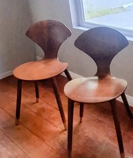 Cherner Mid Century Modern Brown Wooden Dining Chairs Pair