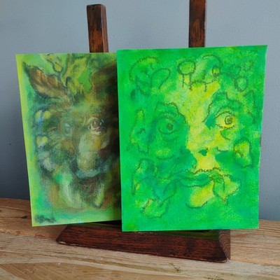 Paar helle kühne abstrakte Gouache Pastell Gemälde Portrait Gesicht FK Owen Wolf Hund