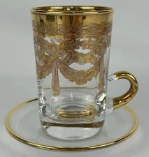 Vtg Interglass Italia 24K Gold Handle Barware Cup Glass Saucer Mouth Blown Italy