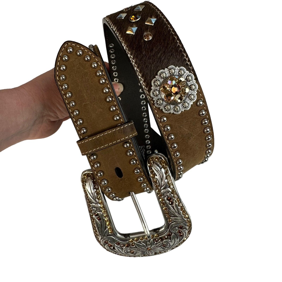 Nocona Western Womens Belt Conchos Calf Hair Rhinestones 