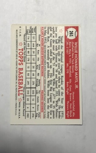 1996 Topps Willie Mays Commemorative Fines 1952 Topps #261 Reprint - Bild 2 von 2