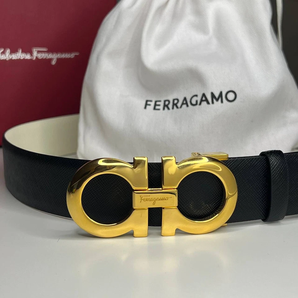 Auténtico SALVATORE FERRAGAMO Cinturón Hombre Reversible Blanco y Negro Hebilla Dorada Foto 2 de 4
