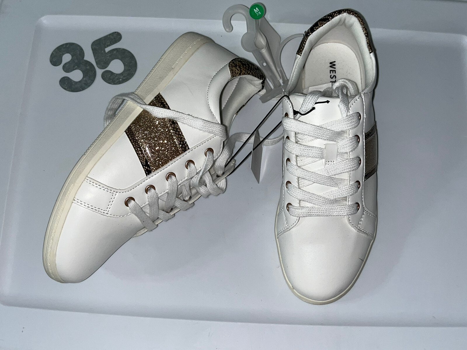 White And Gold Snakeskin Sneakers  7/8