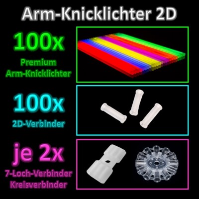 1000 Arm-Knicklichter - 10 x 100er Rolle 2D - Standard 6-Farbmix, inkl Verbinder