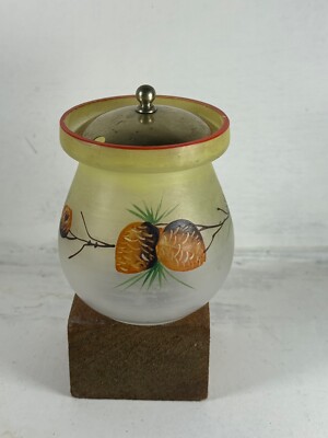Art Deco Glas handbemalt Tannenzapfen Marmelade/Relish/Einlege Topf mit Deckel.