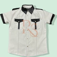 Men's Military Police Style Gay Leather Shirt Genuine Lambskin Leather Gay Shirt